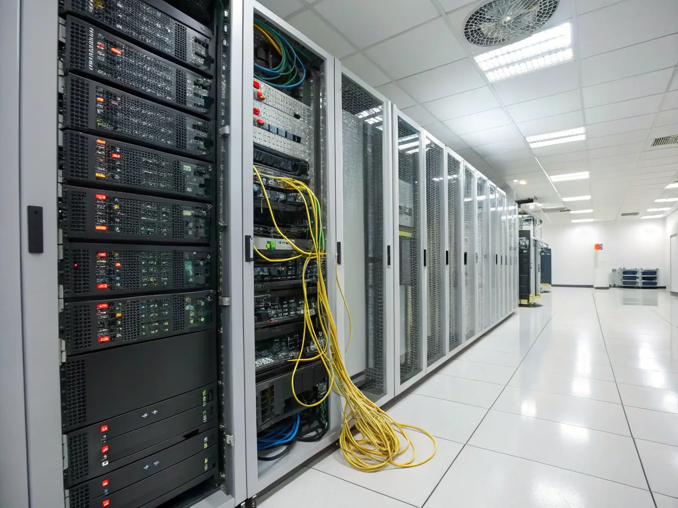 A server room filled with racks of servers, symbolizing cloud infrastructure and data management.