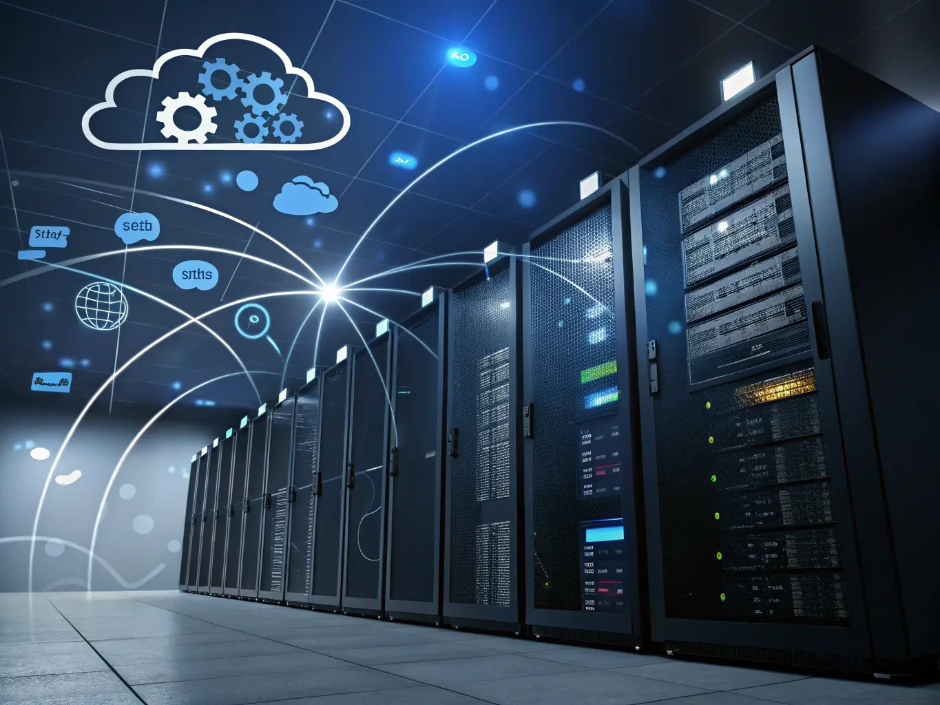 A stylized image of interconnected servers floating in the clouds, symbolizing the Cloud Computing module, with data streams flowing between them.