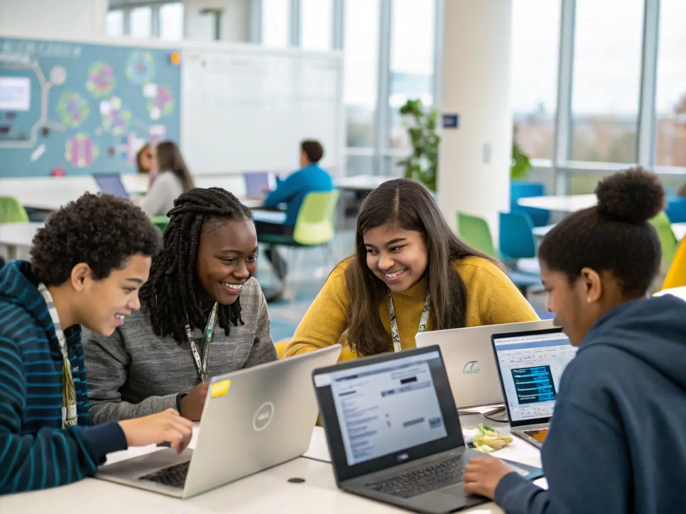 A classroom scene with students working on laptops, with a focus on AI and cloud computing modules displayed on screens.