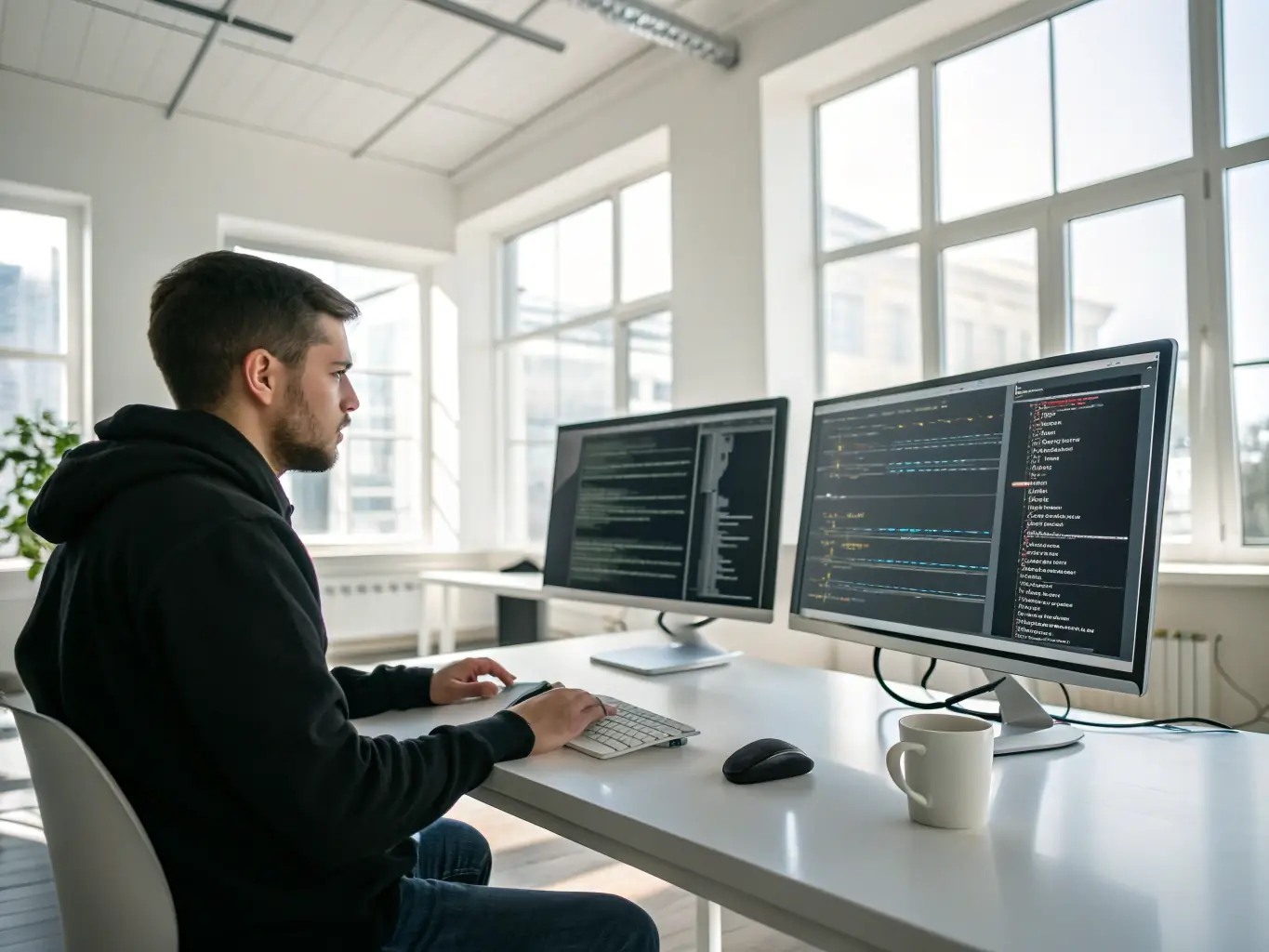 A developer coding on a computer, with lines of code representing advanced programming concepts.